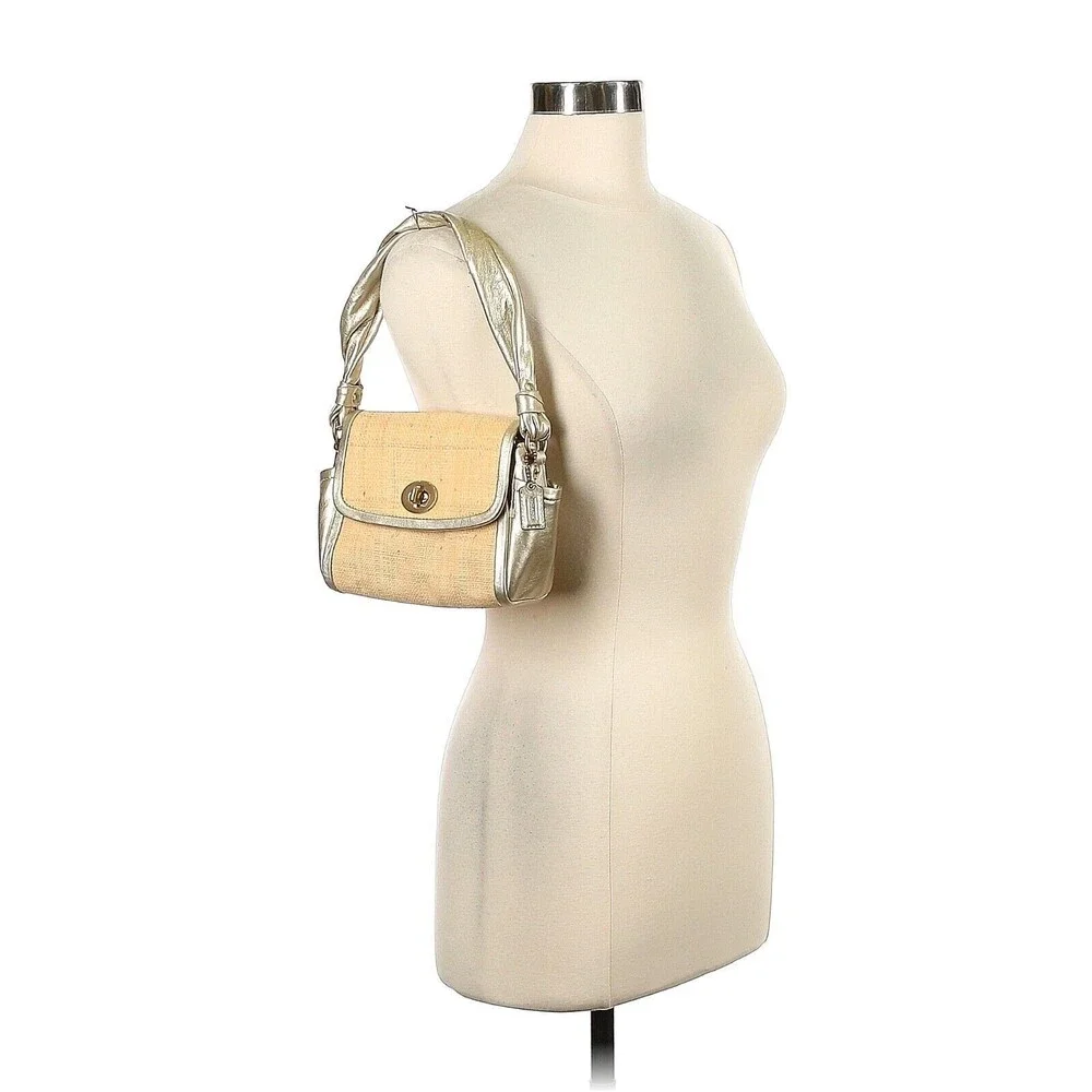 COACH Parker Straw Top Gold Leather Trim Top Handle Small Shoulder Bag